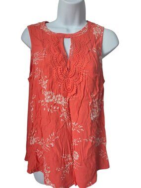Daniel Rainn Coral Sleeveless Floral Lace Trim Keyhole Blouse Womens Size M